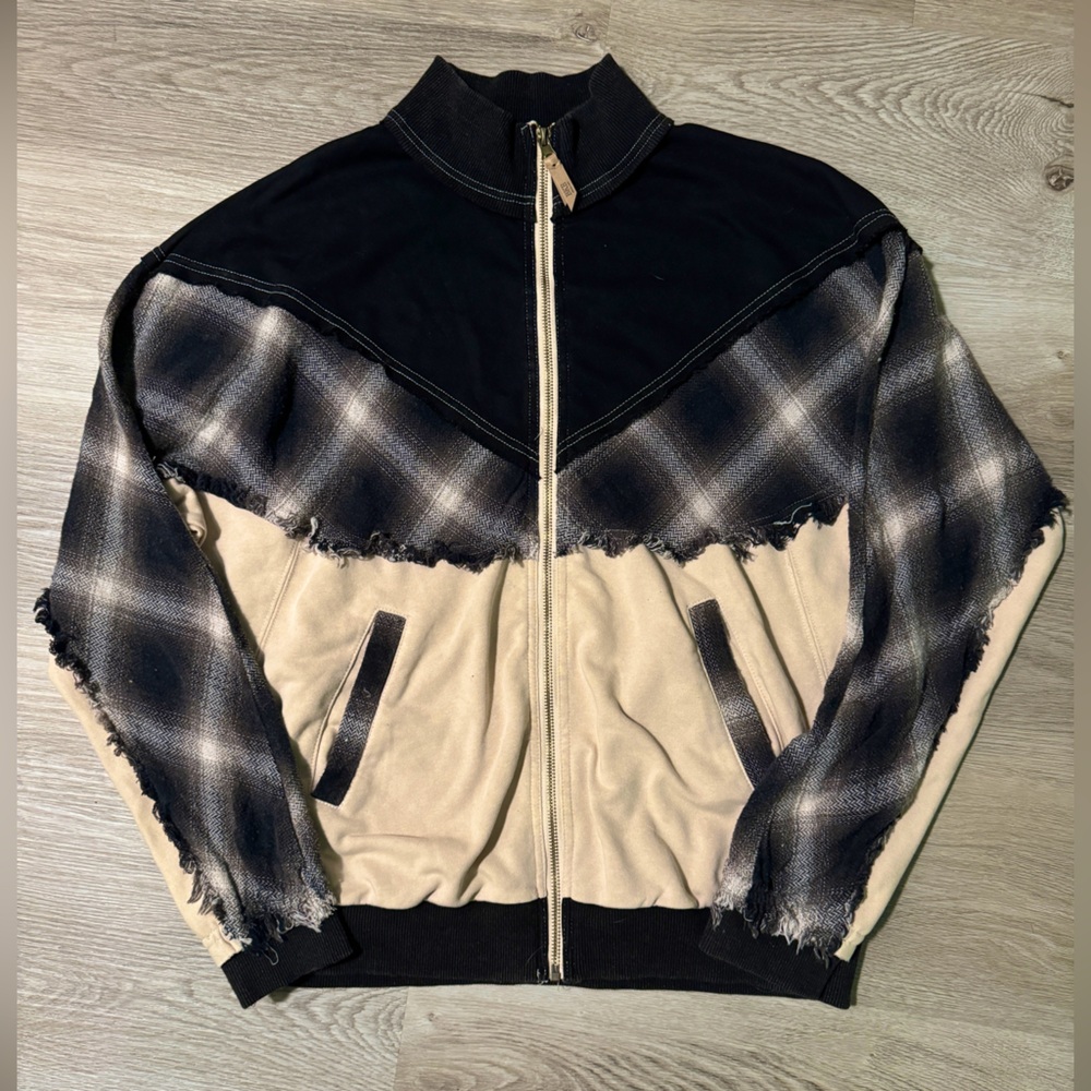 BKE Buckle Pieced Plaid Zipup Patchwork Jacket